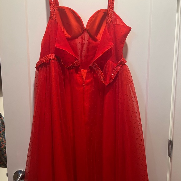 Custom Red Swiss Dot Tulle Corset Bustier Tea Length Gown - Picture 10 of 11